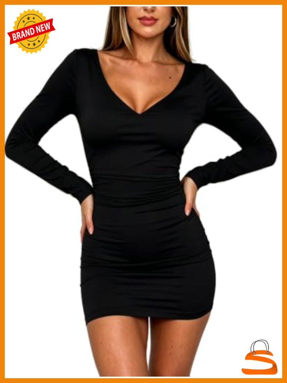 Womens Long Sleeve V Neck Bodycon Mini Dress Ruched Party Club - Picture 5 of 5